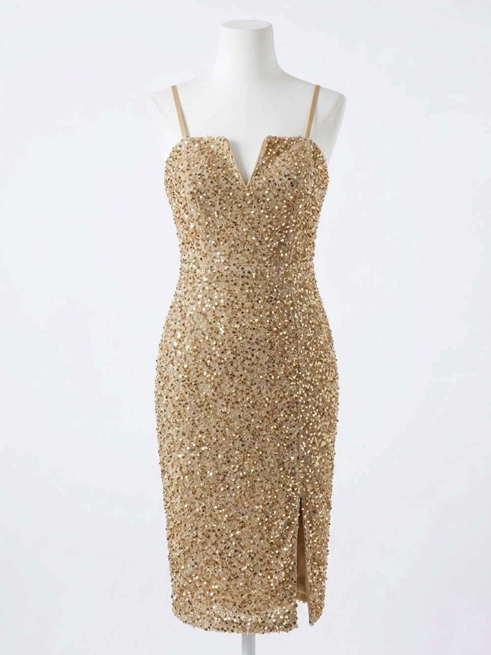 Gold Sequin Midi Dress with Spaghetti Straps